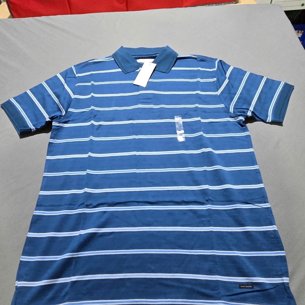 Alex Cannon Polo Shirt Mens Medium Blue Striped Short Sleeve Cotton Pique